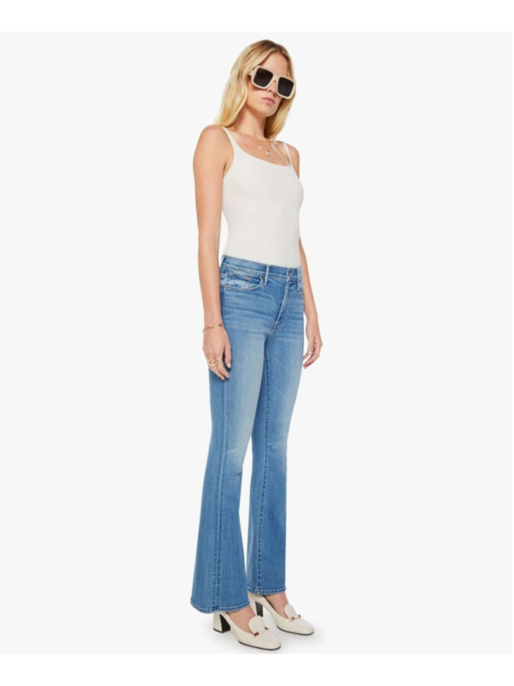 Mother The Weekender Fray Jeans Women’s 24 Blue Flare Mid Rise Stretch Raw Hem